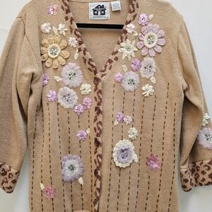 Floral Embellished Beige Sweater